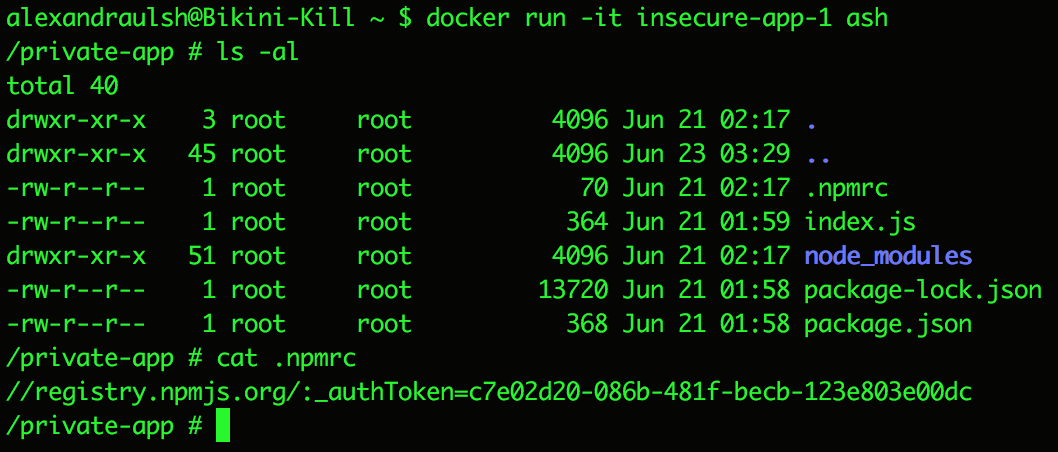 Stealing npm tokens from a running Docker container