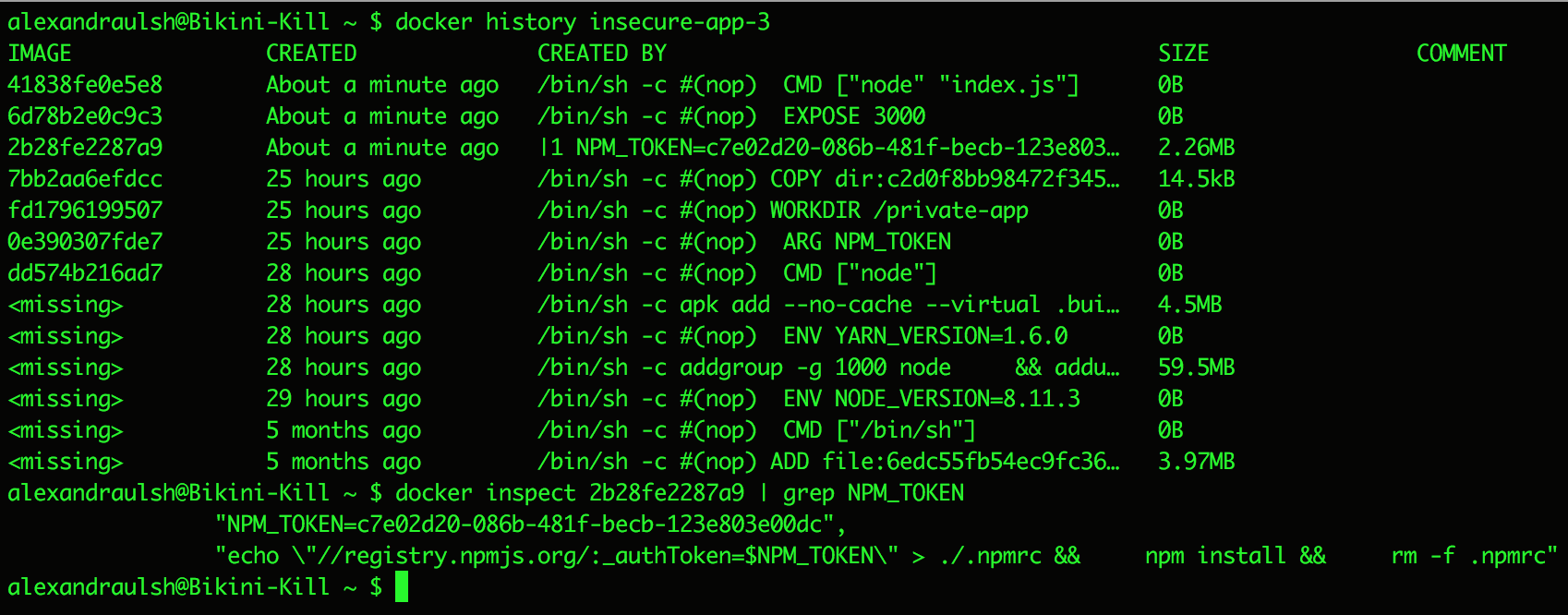 Npm tokens leaking in the docker history